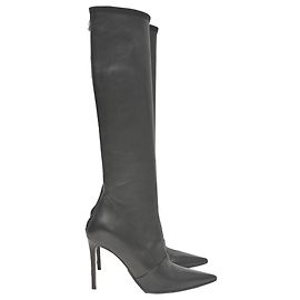 Schwarze Lederstiefel mit spitzem Absatz von Balmain, knielang Schwarz
