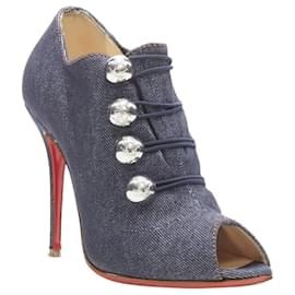 Christian Louboutin-Christian Louboutin dark denim military button peep toe bootie-Blue