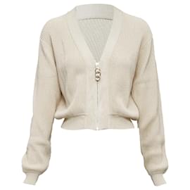 Hermès-Hermes ecru viscose silk zipper head ribbed crop cardigan-Brown,Beige