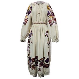 Robe midi à manches longues brodée Ulla Johnson en lin crème Blanc Écru