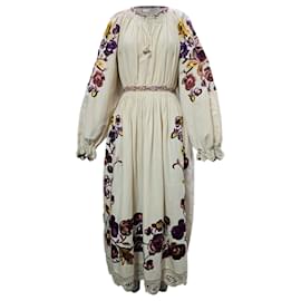 Ulla Johnson-Ulla Johnson Embroidered Midi Long Sleeve Dress in Cream Linen-White,Cream