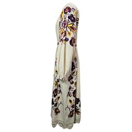 Ulla Johnson-Ulla Johnson Embroidered Midi Long Sleeve Dress in Cream Linen-White,Cream