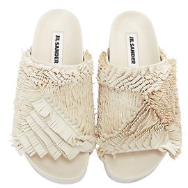 Jil Sander beige leather fringe platform slides sandals White Cream