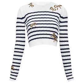 Valentino Garavani Suéter cropped de lã virgem com listras e lantejoulas Valentino Branco Cru