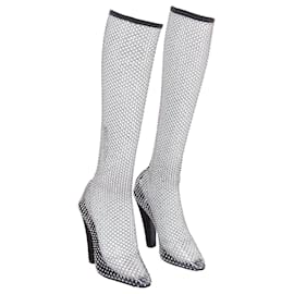 Saint Laurent-Saint Laurent Mesh Crystal iridescent strass stretch sock boots-Black
