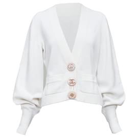Chanel-Chanel off cashmere blend CC crystal buttons cardigan-White,Cream
