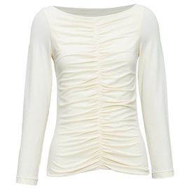 Khaite Lance Baumwollmischung gerafftes Front-Boot-Neck-Crop-Top Weiß Roh