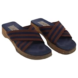 Hermès-HERMES Sandals Canvas Navy Brown Auth ti2173-Brown,Navy blue