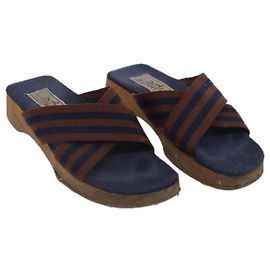 Hermès Sandálias HERMES Lona Marinho Marrom Auth ti2173 Marrom Azul marinho