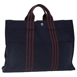 Hermès-Sac Tote HERMES en toile bleu marine marron argent authentique ti2161-Marron,Argenté,Bleu Marine