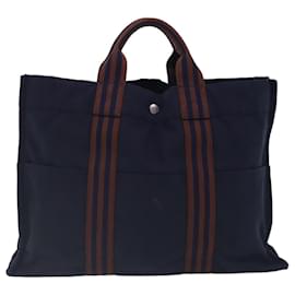 Hermès-Sac Tote HERMES en toile bleu marine marron argent authentique ti2161-Marron,Argenté,Bleu Marine
