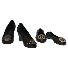 TORY BURCH Pumps Leather 2Set Black Auth ti2175 Black