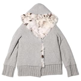 Fendi-Fendi Hooded Knit Jacket with Fur Trim, Size M-Grey