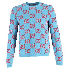 Gucci Logo Rundhals-Pullover aus hellblauer Wolle Blau Hellblau
