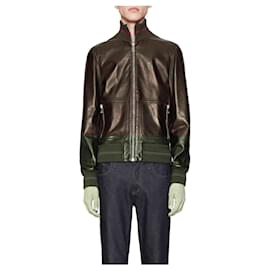 Gucci-Gucci  Web Detail Logo Embossed Leather Jacket-Brown
