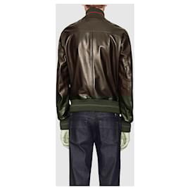 Gucci-Gucci  Web Detail Logo Embossed Leather Jacket-Brown