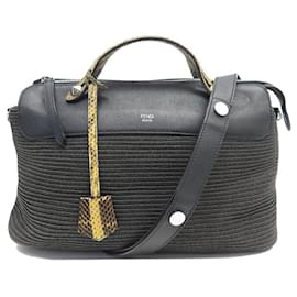 Fendi-SAC A MAIN FENDI BY THE WAY 8BL125 EN CUIR NOIR & RAPHIA BANDOULIERE BAG-Noir