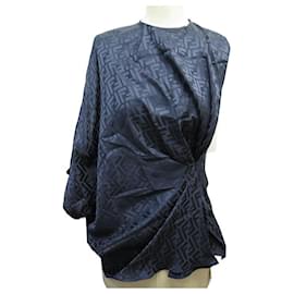 Fendi-NINE HIGH FENDI FENDI MONOGRAM TUNIC ZUCCA FS8109 M 38 BLUE SATIN TOP-Blue