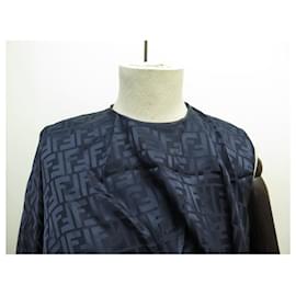 Fendi-NINE HIGH FENDI FENDI MONOGRAM TUNIC ZUCCA FS8109 M 38 BLUE SATIN TOP-Blue