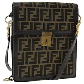Fendi-FENDI Zucca Canvas Shoulder Bag Brown Black Gold Auth 94107-Brown,Black,Golden