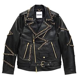 Echte Leder-Bikerjacke mit Kettendetails von Moschino für H&M Schwarz Gold hardware