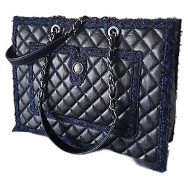 nova bolsa Grand Shopping Tote da Chanel em couro de bezerro e tweed Preto Azul escuro