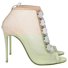 Christian Louboutin-Christian Louboutin Marika 100 Embellished Peep-Toe Boots in Nude Mesh-Brown,Flesh