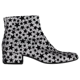 Saint Laurent-Saint Laurent Star Print Ankle Boots in Silver Glitter-Silvery,Metallic