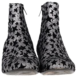 Saint Laurent-Saint Laurent Star Print Ankle Boots in Silver Glitter-Silvery,Metallic