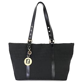 Fendi-Fendi Zucchino Canvas Leather Tote Bag-Black