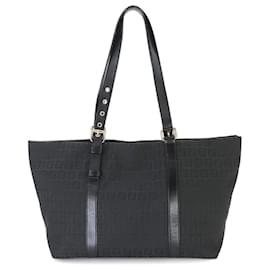 Fendi-Fendi Zucchino Canvas Leather Tote Bag-Black