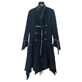 Versace Lasercut Wool Cashmere Coat with Leather Bondage Strap Black
