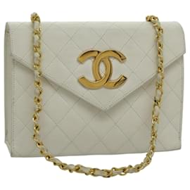Chanel-CHANEL Matelasse Big COCO Mark Chain Bag Lamb Skin White Gold CC Auth yk15609A-White,Golden