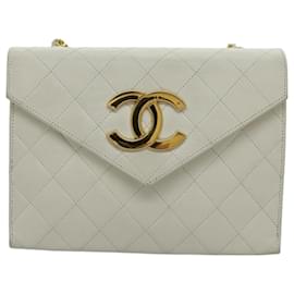 Chanel-CHANEL Matelasse Big COCO Mark Chain Bag Lamb Skin White Gold CC Auth yk15609A-White,Golden