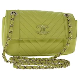 Chanel-CHANEL Chain V Stitch Shoulder Bag Lamb Skin Yellow Gold CC Auth 97148-Golden,Yellow