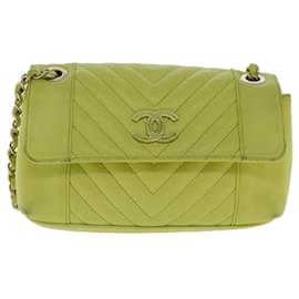 Chanel-CHANEL Chain V Stitch Shoulder Bag Lamb Skin Yellow Gold CC Auth 97148-Golden,Yellow