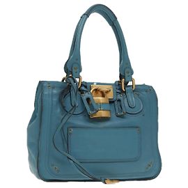 Chloé Chloe Paddington Tote Bag Leather Turquoise Blue Gold Silver Auth fm3953 Silvery Golden Turquoise