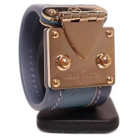 Bracelet jonc Louis Vuitton en cuir bleu et métal doré Bleu