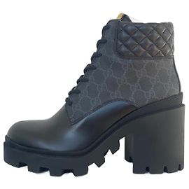 GUCCI GG monogram Apollo Platform lace-up Block Heel Ankle Boots Black