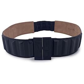 Fendi-Black Leather Elastic Logo Buckle Wide Belt Size 85/34-Black