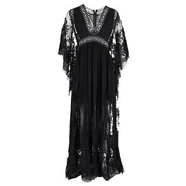 Maxikleid mit V-Ausschnitt aus schwarzem Polyester mit Spitzenakzenten von Elie Saab Schwarz