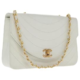 Chanel-CHANEL Wave Stitch Chain Hand Bag Lamb Skin White Gold CC Auth yk15635A-White,Golden