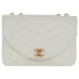 Chanel-CHANEL Wave Stitch Chain Hand Bag Lamb Skin White Gold CC Auth yk15635A-White,Golden