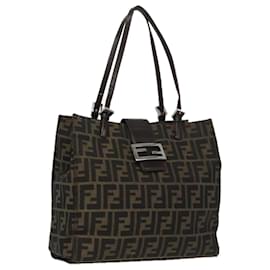 Fendi-Sac à bandoulière FENDI Zucca en toile Mamma Baguette noir marron argent authentique 96636-Marron,Noir,Argenté