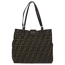 Fendi-FENDI Zucca Canvas Mamma Baguette Shoulder Bag Black Brown Silver Auth 96636-Brown,Black,Silvery