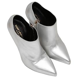 Saint Laurent-Silver Saint Laurent Pointed-Toe Heeled Ankle Booties Size 36.5-Silvery