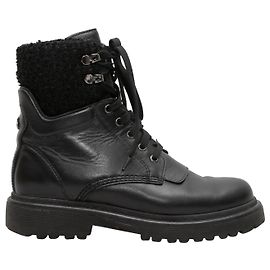 Botas de combate de cuero y tweed Moncler negras, talla 37 Negro