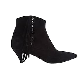 Saint Laurent-Black Saint Laurent Suede Booties with Fringe Size 6-Black