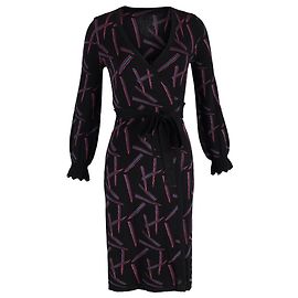 Vestido envelope estampado Diane Von Furstenberg em lã preta e rosa Preto
