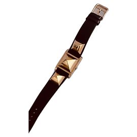 Hermès Médor watch gold plated and black leather white dial White